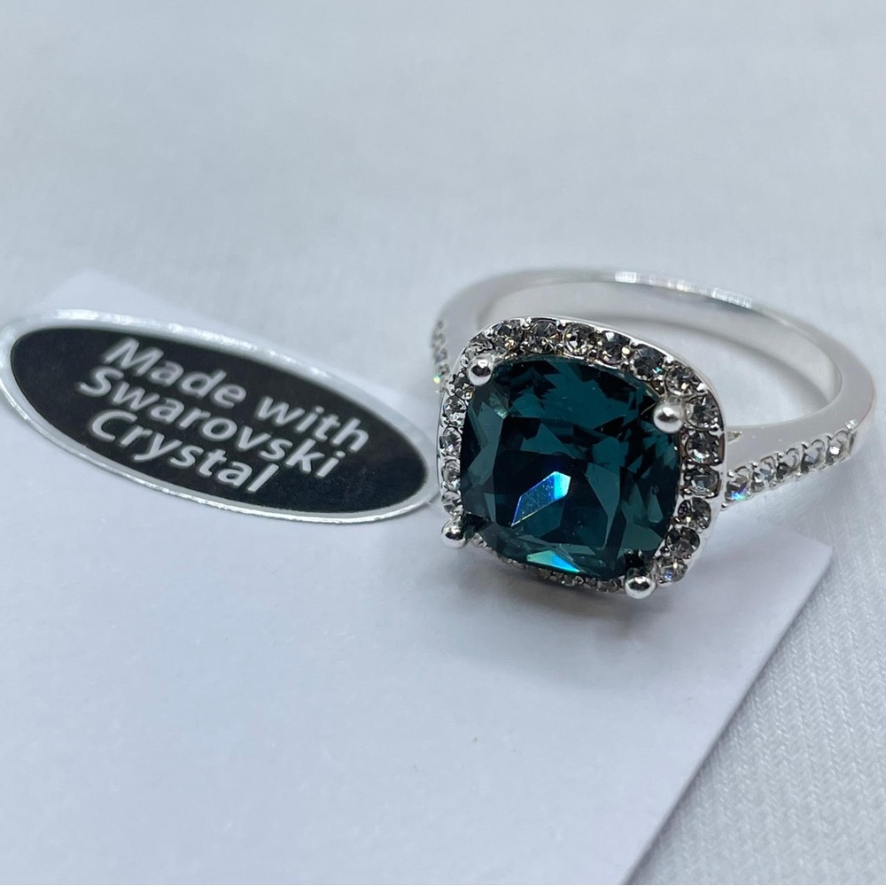 London Blue Swarovski Crystal Cushion Cut Halo Ring Silver Teal Statement Sz 8 - Picture 2 of 8